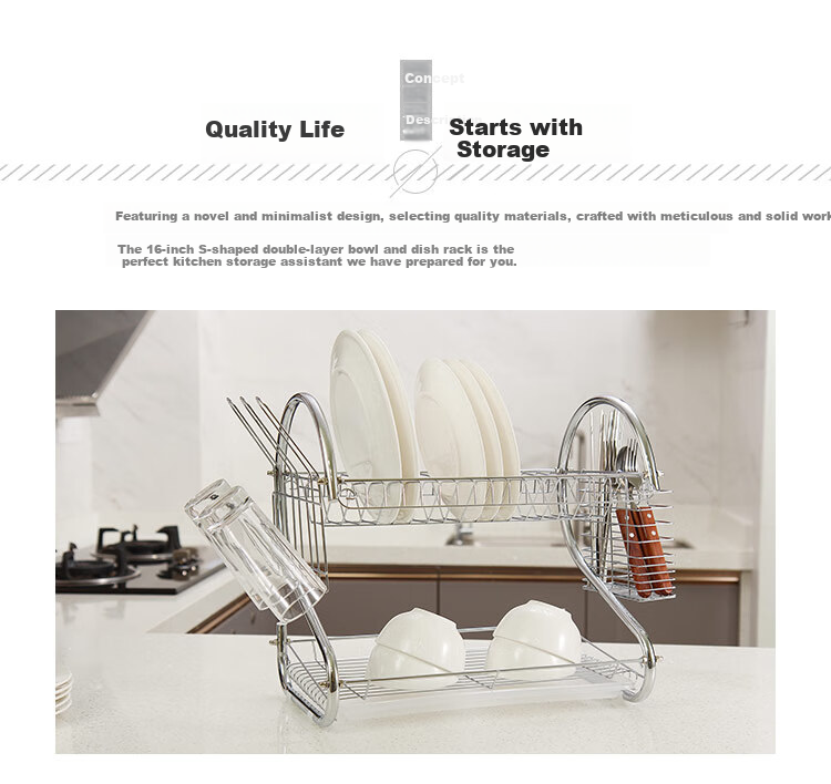 Ourunzhe Bowl And Plate Rack, S-Shaped Double-Layer Kitchen Dish Storage Rack, Draining Bowl Holder, Chopstick Stand, Dish And Plate Organizer 4