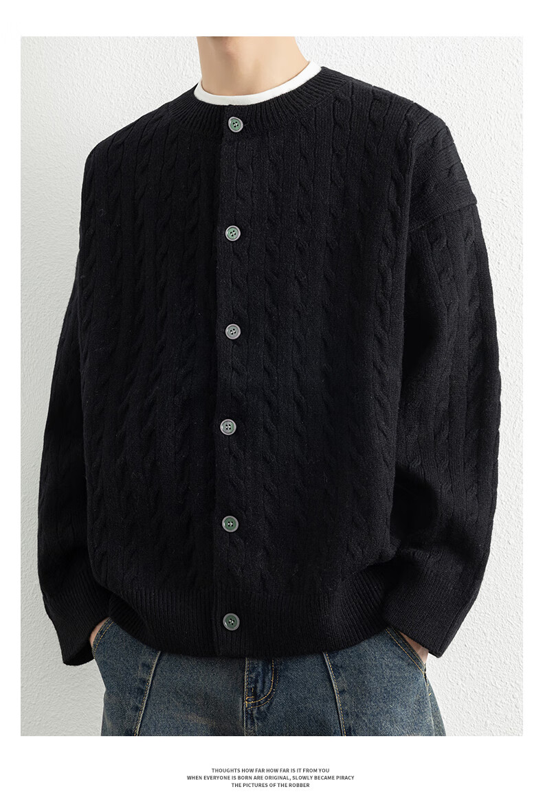 ROMON Men's Knitted Cardigan Spring Autumn Casual Loose Drop Shoulder Sweater Round Neck Jacket Black M 7001 7