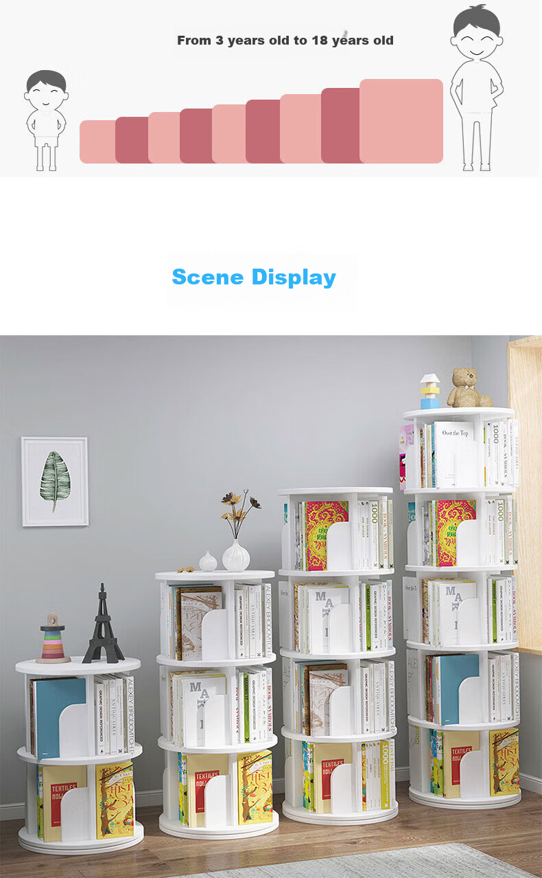 Yijia Rotating Bookshelf, 360-Degree Floor-Standing Student Creative Storage Bookcase, Multi-Layer Organizer Rack, White, Five-Tier 11