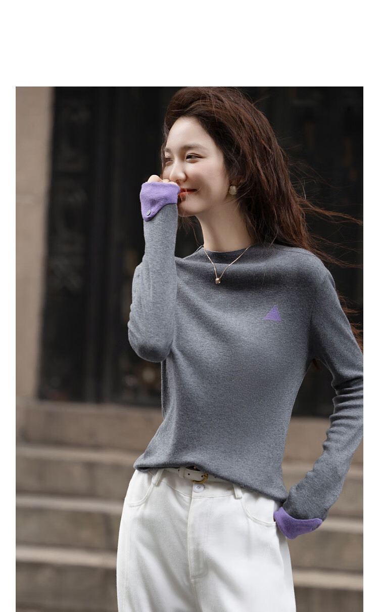 Dme [Containing Fluffy Wool] Autumn Semi-Turtleneck Slim-Fit Sweater with Contrasting Jacquard Pattern for Petite Women's Top 1