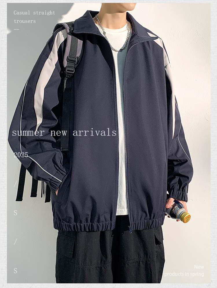 Dingfengbaoluo Port Style Stand Collar Jacket Men Spring Casual Fashion Loose Sports Coat MUY24 Khaki S 1