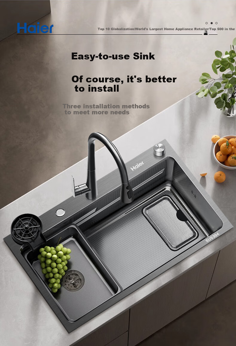 Haier Large Single Sink, Kitchen Thickened 304 Stainless Steel Vegetable Washing Basin, Integrated Hand-Washing Sink, Food Prep Sink with Strainer 23