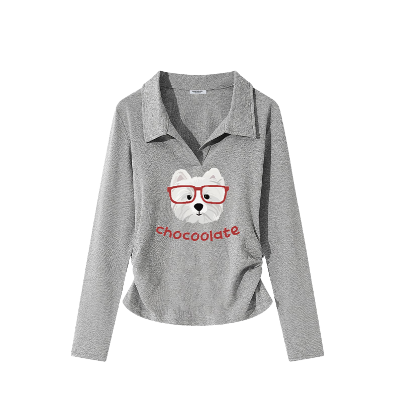 :CHOCOOLATE IT Lazy Style Polo Collar Long Sleeve T-Shirt Women Cute Puppy Print Waist Cinched Collar Top Gray M