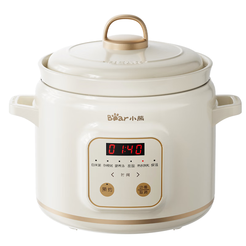 Bear Electric Slow Cooker, Electric Stew Pot, Soup Pot, Electric Casserole, Porridge Cooker, Baby Food Cooker for Home Use with Timer, White Porcelain, for 2-3 People, DDG-E20M1 Beige 2L