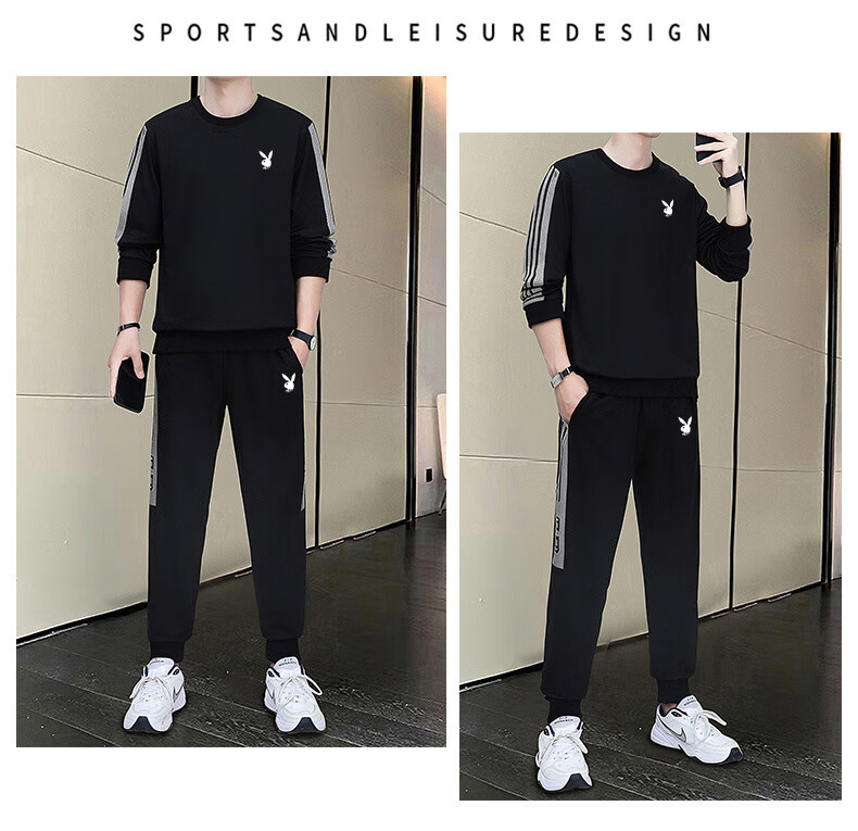 Playboy Men's Long Sleeve T-Shirt and Pants Set Spring Autumn Casual Sports Two-Piece Black L 13
