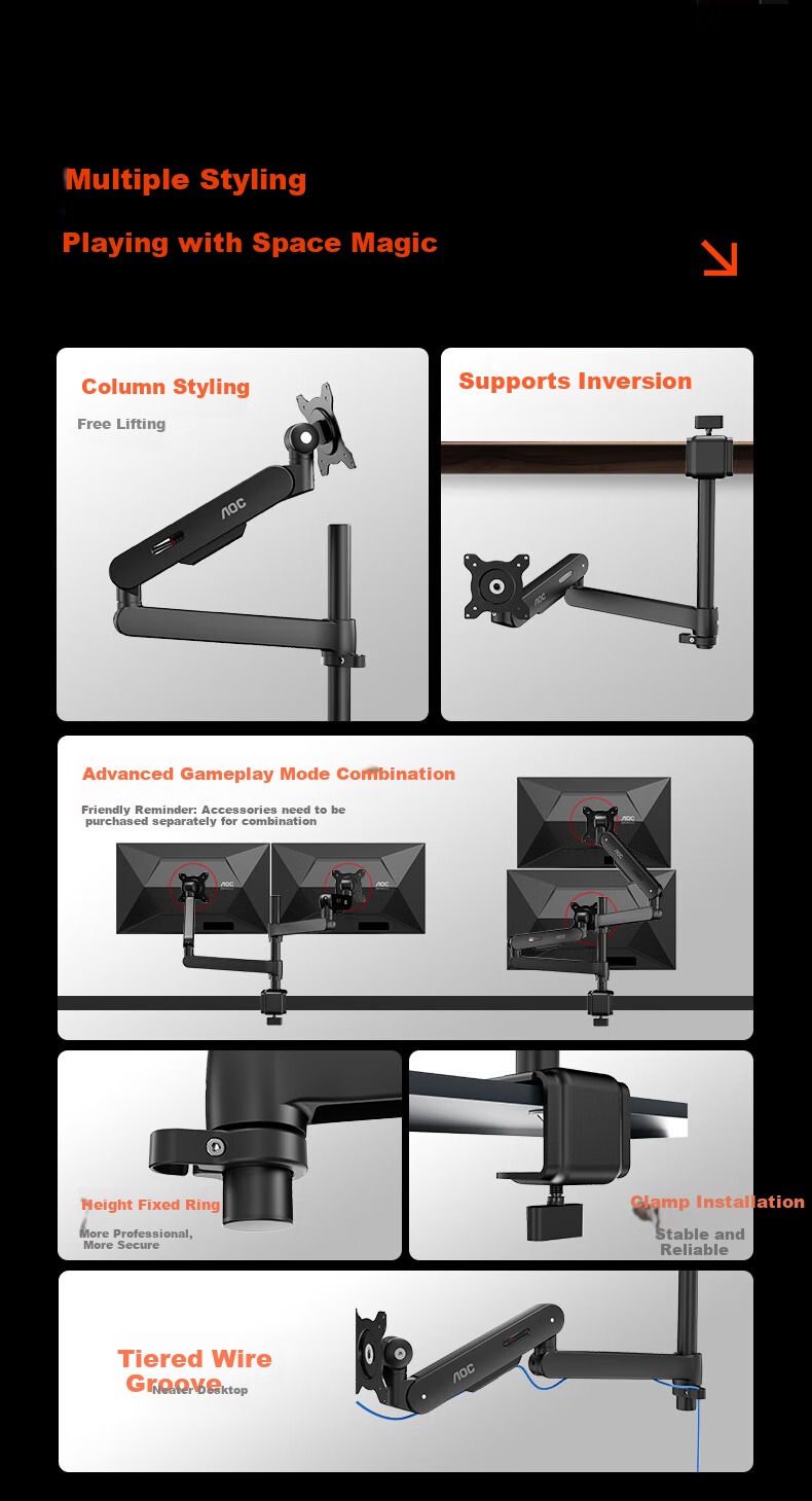 AOC AM700 Monitor Arm Accessory Desktop Rotating Adjustable Mechanical Arm Computer Desk Mount Mechanical Spring Display Stand Accessory AM701B Black 2
