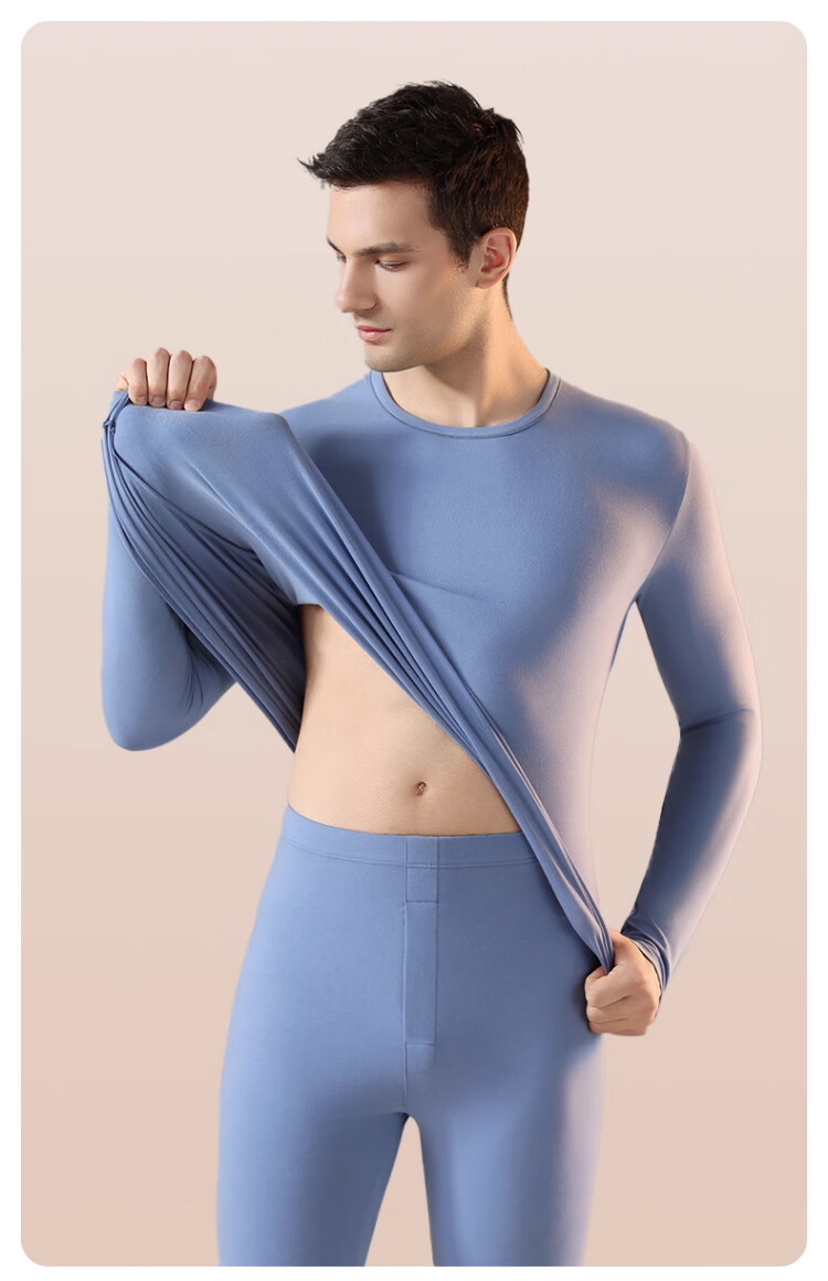 LangSha Men's Thermal Underwear Pure Cotton Set Antibacterial Mite-Resistant Heating Autumn Winter Crew Neck Base Layer Top and Bottom 18