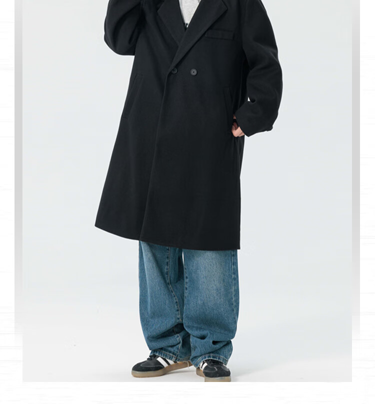 IZEXX Men's Woolen Coat Autumn Winter Mid-Length Loose Over-the-Knee Trench Coat Korean Style Blazer JZ51 Black 2XL 3