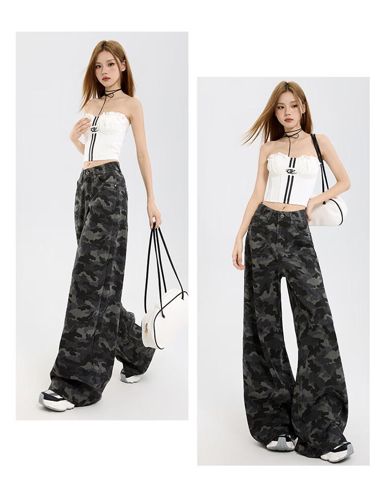 Free Style Camouflage Wide-Leg Denim Jeans for Women 2025 Autumn New American High Street High Waist Slim Loose Straight-Leg Floor-Length Pants 1