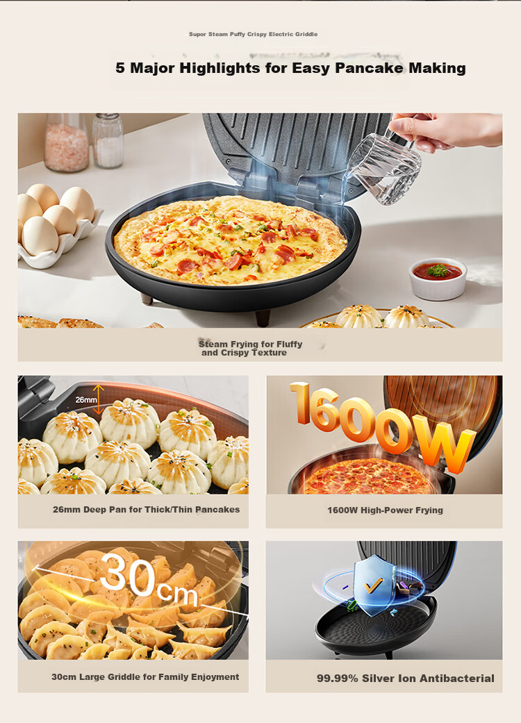 SUPOR Electric Griddle 1500W High Power Multifunctional Non-stick Pancake Maker Breakfast Grill Pan JT30A818-N 3