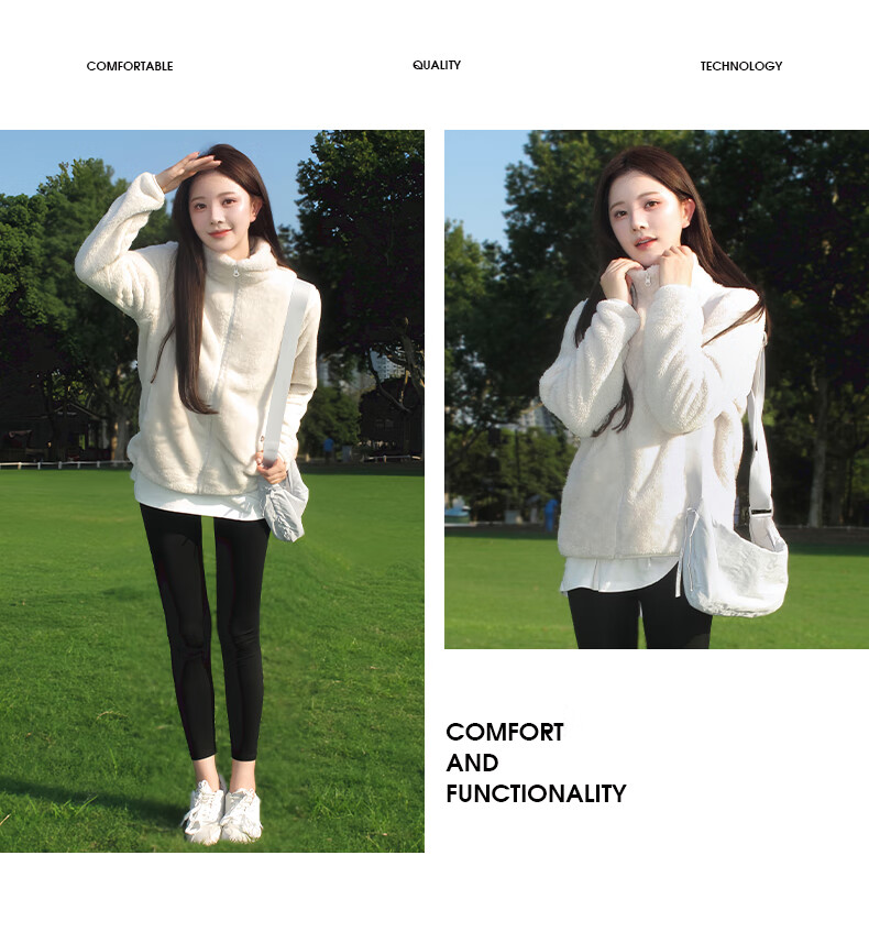 CAMEL Outdoor Fleece Jacket Long Sleeve Thickened Fleece Stand Collar Zip-up Fleece Coat Cold-resistant Jacket 5175A Light Frost White M 1