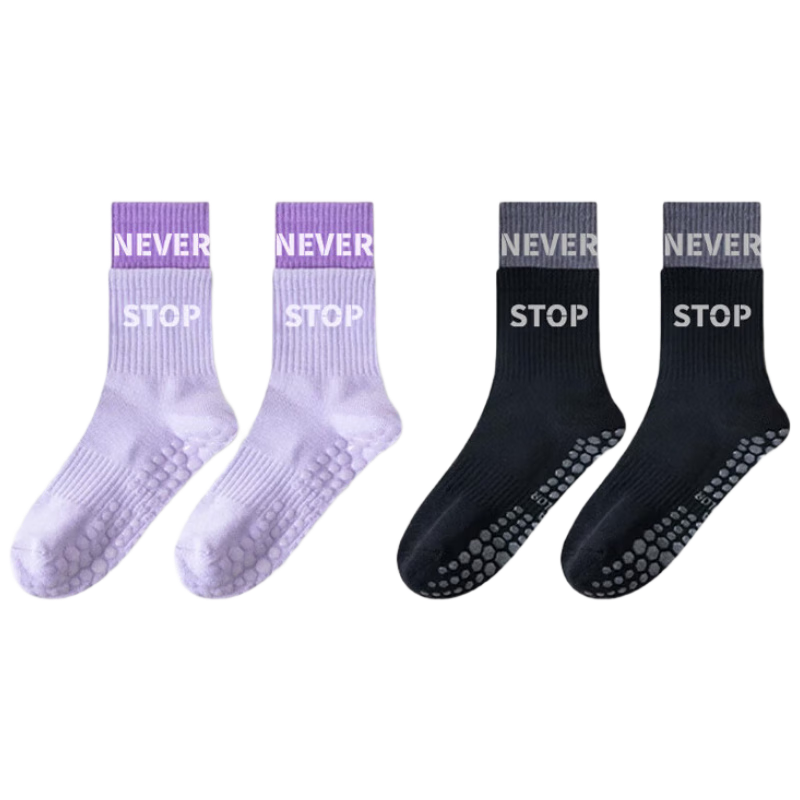 Duweike Yoga Socks, Professional Non-Slip Dance Pilates Mid-Length Sports Socks, Faux Two-Piece Style, 2 Pairs, Black + Purple