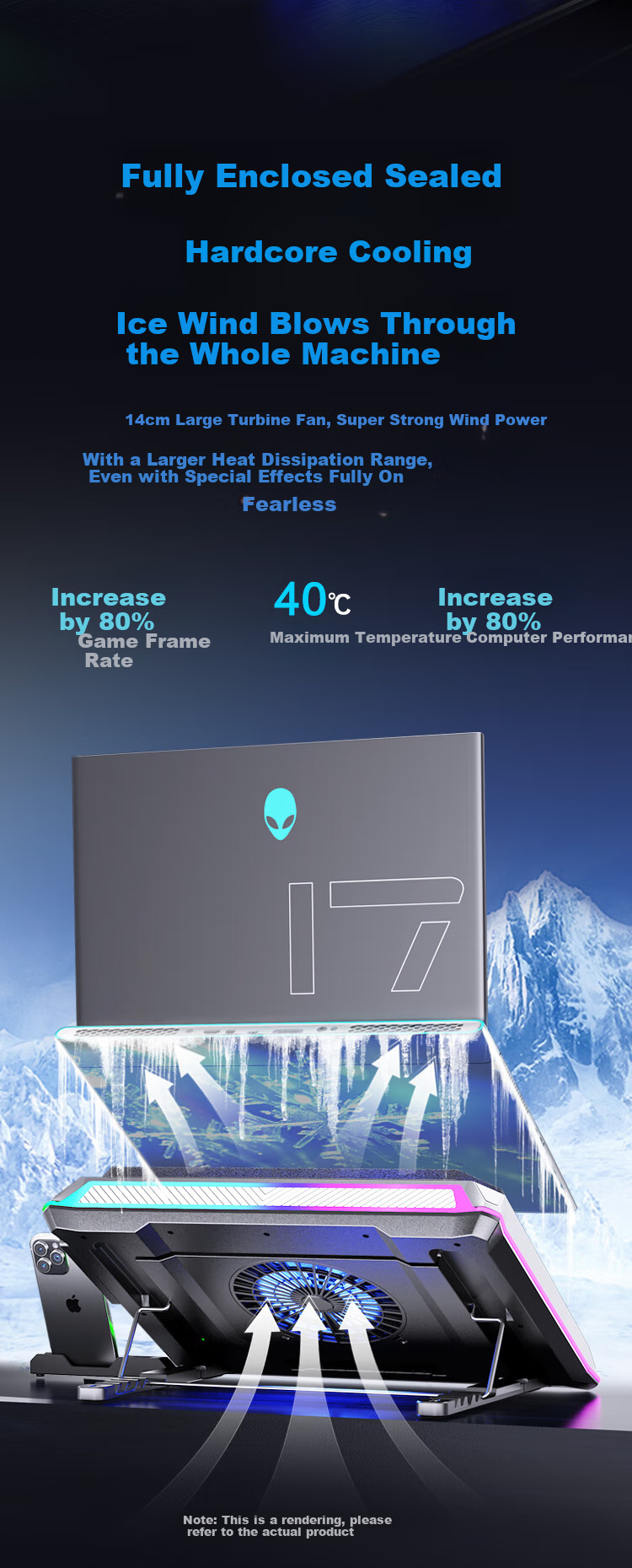 NVV Laptop Cooling Pad, Pressure Wind Cooling, Temperature Control And Noise Reduction, Gaming Laptop Stand, Suitable for Mechanical Revolution, Alienware, Lenovo Legion, ASUS ROG NF-13 14