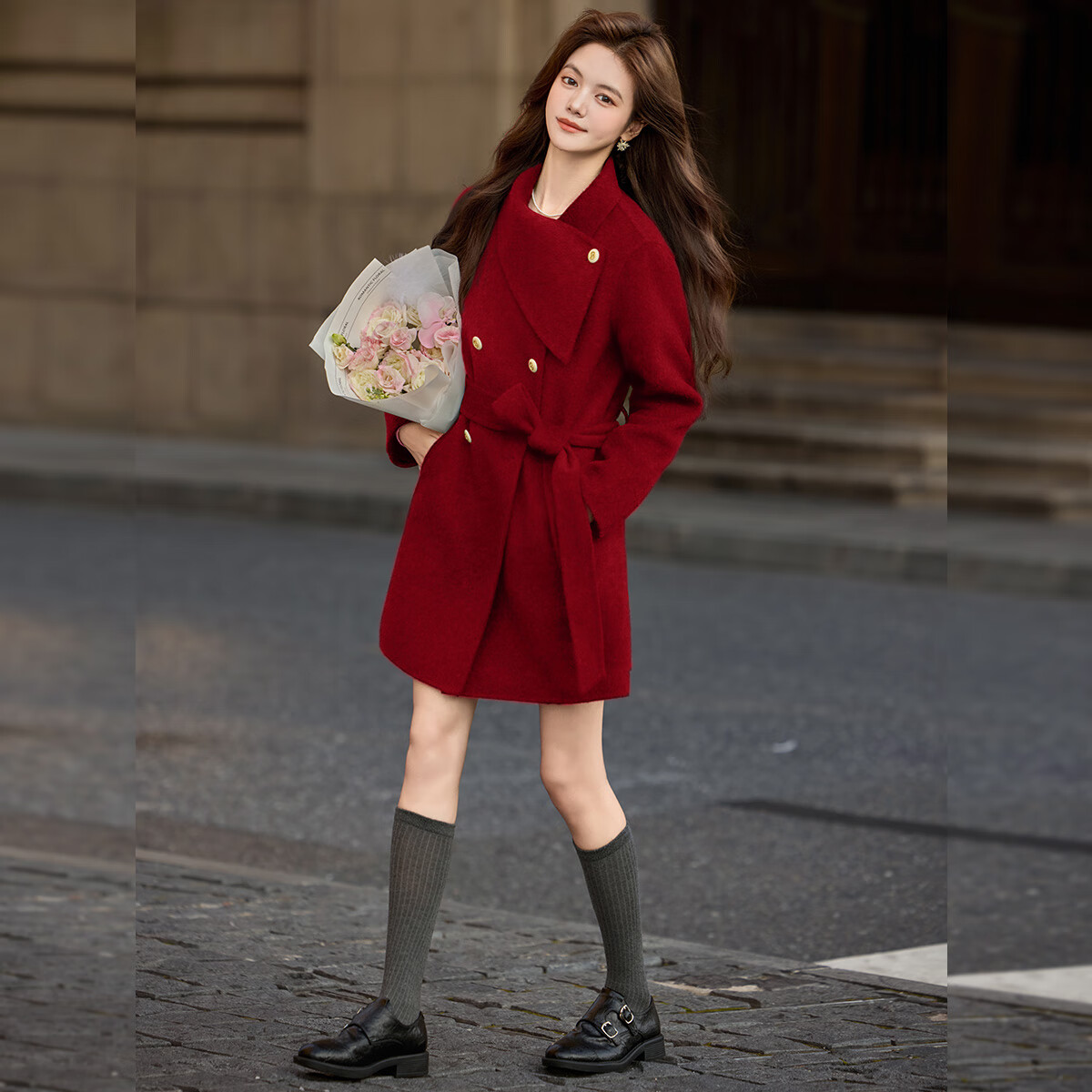 Bailuyu Qianjinfeng Wool Blend Double-Sided Woolen Coat 25 Winter New Year Red Mid-Length Elegant Women's Coat Red M