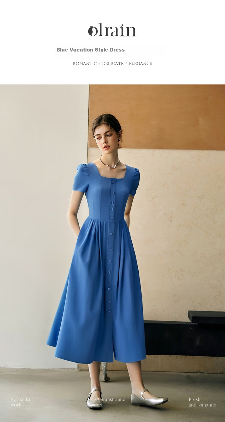 Olrain Eurielle Summer Women's Commuter Lyocell Dress Square Neck Waist Cinch Vacation Maxi Dress Klein Blue S 1