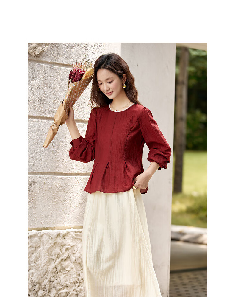 Fansiman Elegant Women's Autumn Set New Round Neck Top Waist Slimming Skirt Two-Piece Set Red Apricot Color S 14