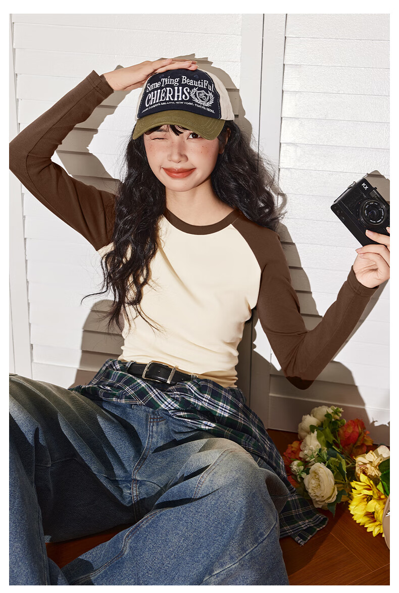 TonLion Women's Long Sleeve T-Shirt Short Color-Block Slim Fit Trendy Top Spring Autumn New 10