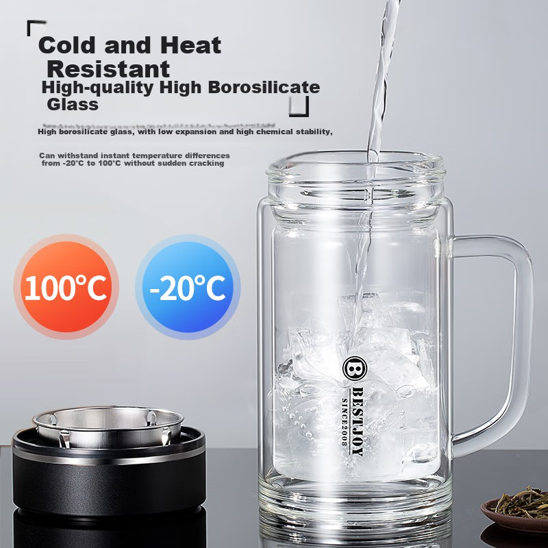 FUGURNG BESTJOY Double-Walled Glass Cup for Men And Women, Office Business Water Bottle, Heat-Resistant with Handle, Large Capacity Tea Cup, 520ml Blue