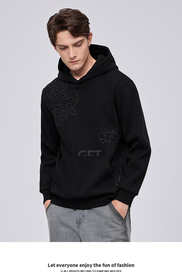 Dance with Wolves [Heated Fleece] Trendy Dragon and Horse Spirit Printed Hooded Sweatshirt Warm Antibacterial Pullover 402 Bright Red 2XL 1
