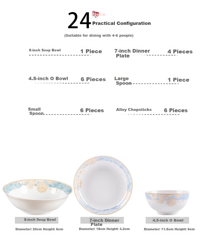 Haoya 24-Piece Bowl And Plate Set, Jingdezhen Ceramic Tableware Set, Bowls, Plates, Dishes, And Utensils Set, Timeless Journey 4