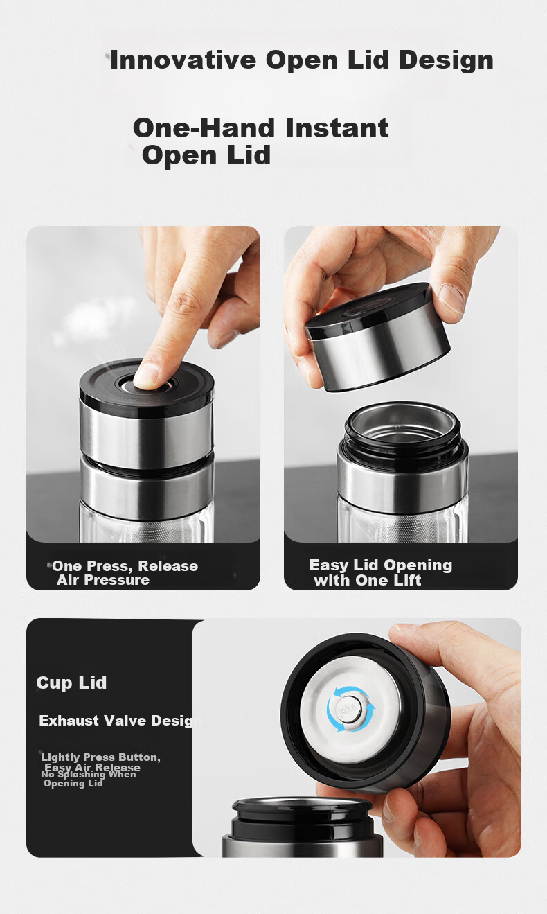 Fuguang Double-Layer Glass Cup, Car-Mounted One-Touch Lid Opening Tea Infuser Cup, High Borosilicate Tea-Water Separation Water Bottle for Men And Women, 300ml 4