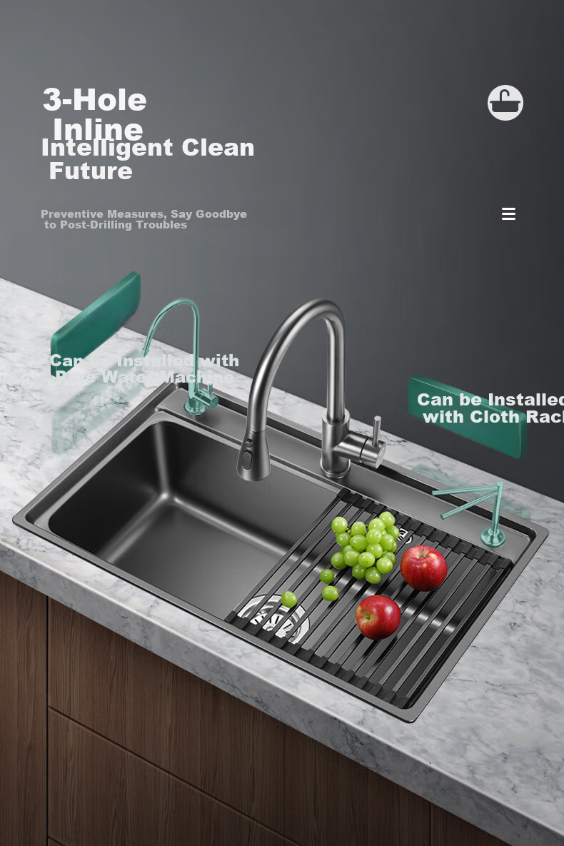OULIN Kitchen Sink, Large Single Bowl, Undermount Basin, Vegetable Washing Sink, Three-Hole Series, Integrated Basin, Nano SUS304 Stainless Steel, 616H 14
