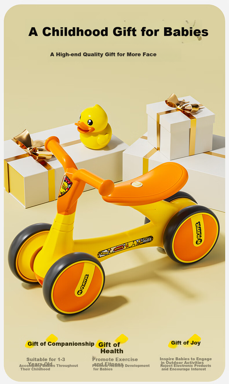 Lede Little Yellow Duck Children's Balance Bike, Four Wheels, for Ages 1-3, Gliding And Stepping Bike, for Boys And Girls, Baby's First Birthday Gift, 1006 1