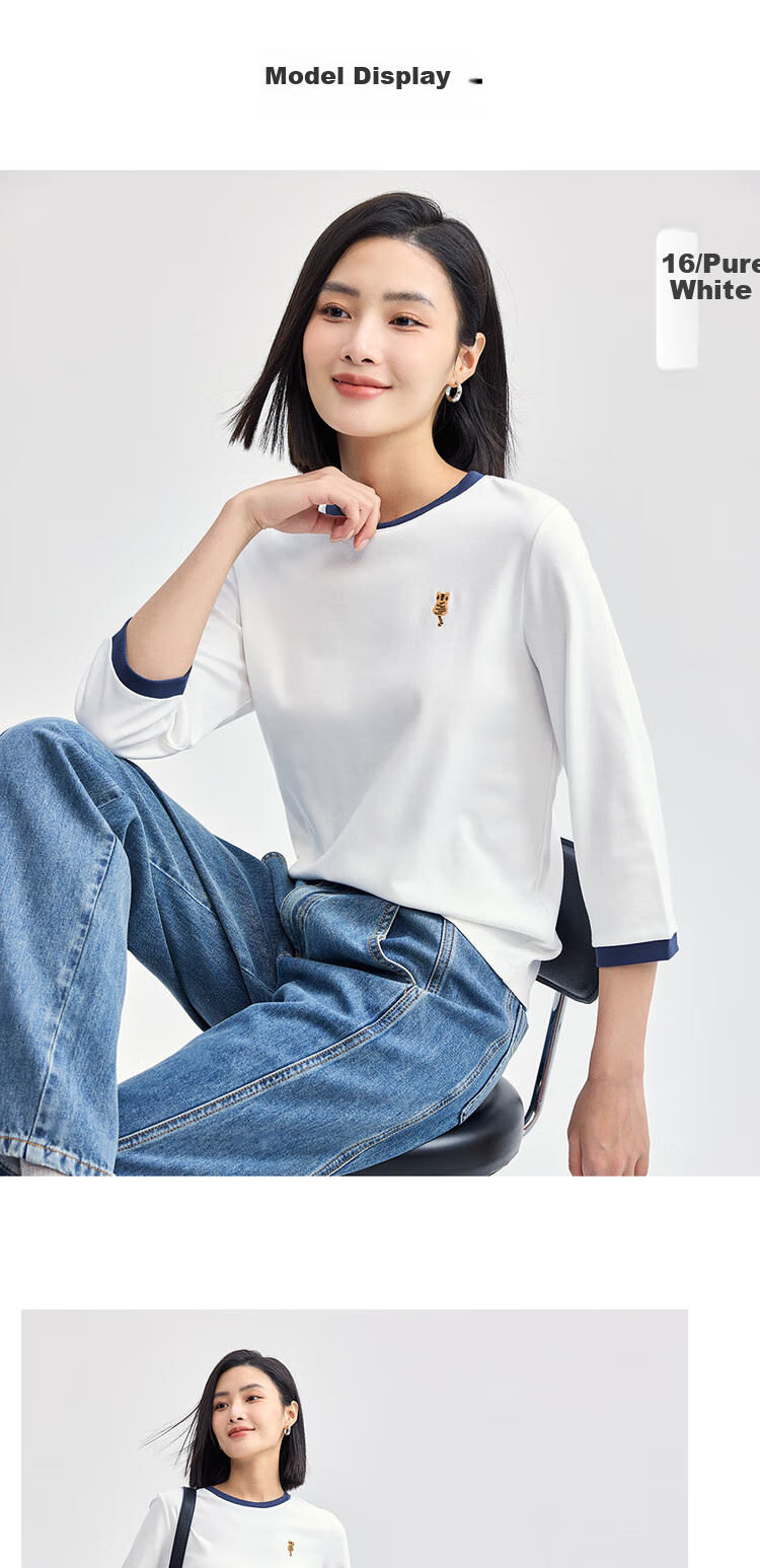 Giordano Women's T-Shirt, 2026 New Style, Pure Cotton, Cat Embroidery, Contrasting Color, Round Neck, Three-Quarter Sleeve Top, 05324798 9
