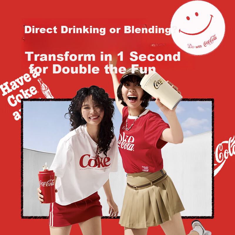 Coca-Cola Juicer Cup, Small Portable Blender with Ice Crusher, Dual-Lid Juicing Machine, USB Rechargeable Juicer AH-60GZ03JW White