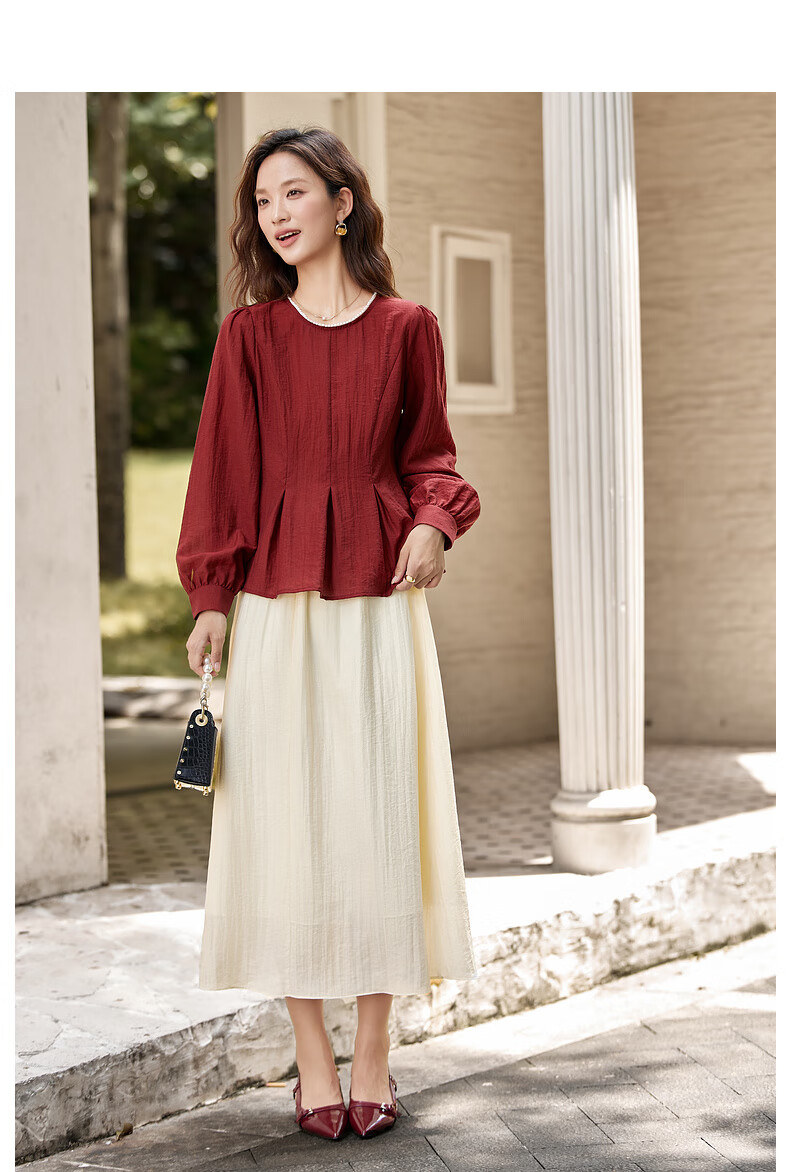 Fansiman Elegant Women's Autumn Set New Round Neck Top Waist Slimming Skirt Two-Piece Set Red Apricot Color S 16