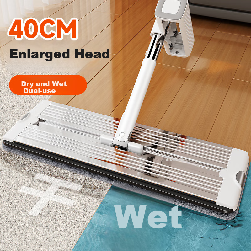 Jiabangshou Flat Mop, 40cm, 2 Cloth Pieces, Household All-In Mop, No Hand Washing Required, 2026 Floor Mop, Water Scraper Integrated Three-In Floor Cleaning