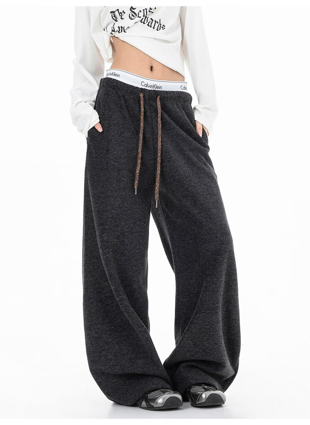 ICH MODE Women's American Style Fleece-Lined Casual Loose Fit Lazy Straight Wide-Leg Sports Pants Thickened Sweatpants Glutinous Rice Color XL 9