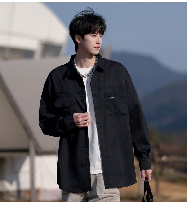 Foss Phil Men's Vintage Casual American Workwear Long Sleeve Shirt Jacket Spring Autumn Black L S581 3
