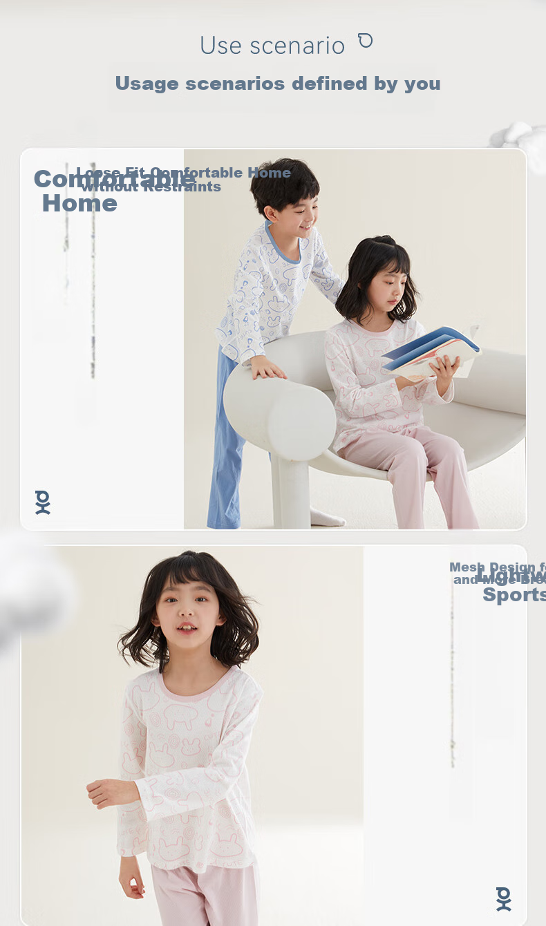 Hodo Children's Pajamas for Boys And Girls, Spring And Autumn Antibacterial Pure Cotton Long-Sleeve Home Wear Set, Thin Summer Air Conditioning Clothes 3122 120 7
