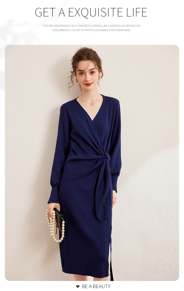 LOUISYAO Spring Autumn V-Neck Tie Design Slim Fit Slightly Stretchy Mid-Length Elegant Knit Dress Dark Coffee S 12
