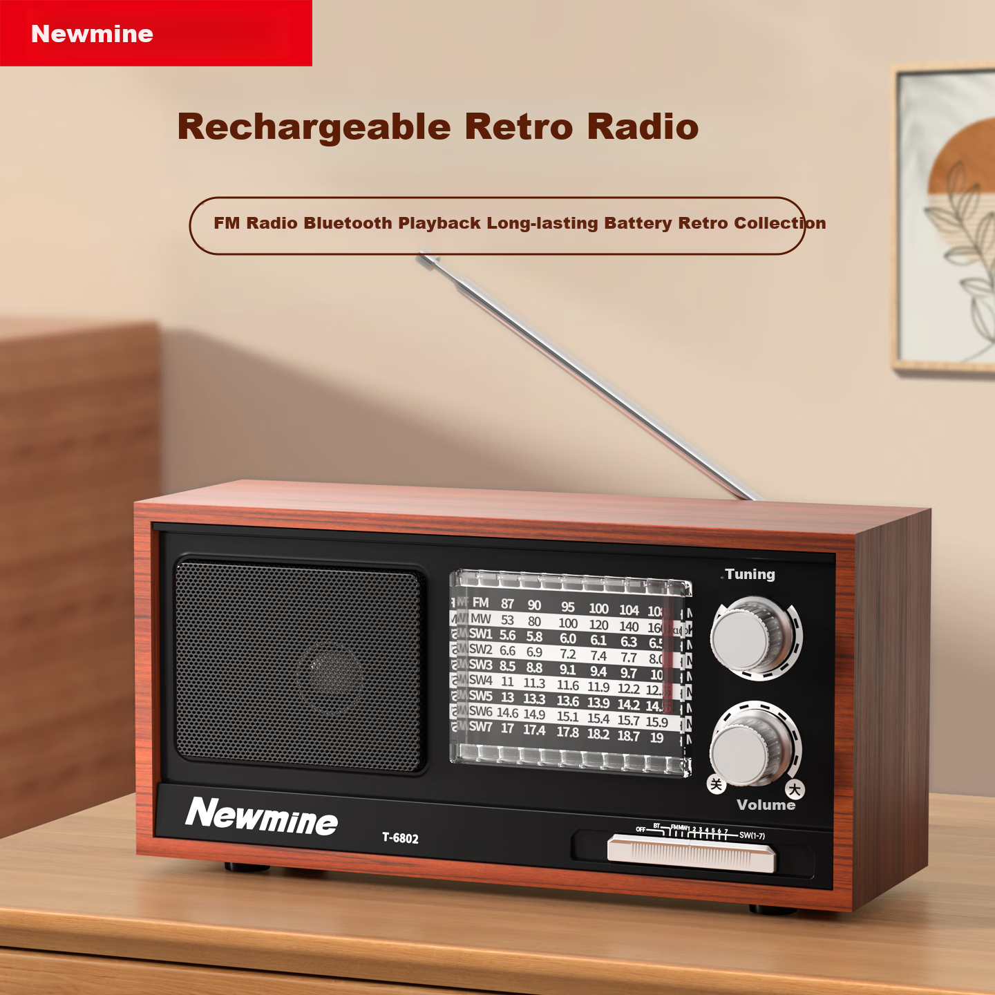 Радиоприемник Newmine T-6802, полнодиапазонный, ретро, настольный, с Bluetooth, для пожилых
