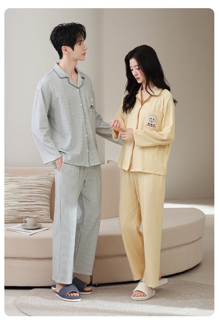 Miiow Couple Pajamas Women 100% Cotton Japanese Style Plaid Long Sleeve Casual Cartoon Homewear Cheese Yellow L 8