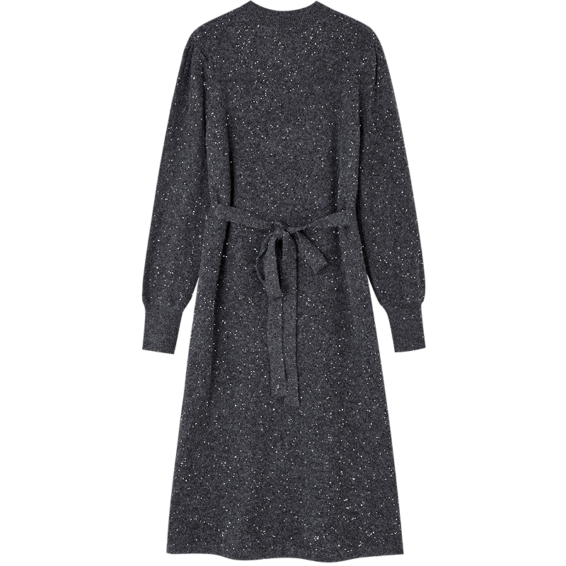 Demana "Brilliant Star" Winter Wool-Blend Heavy Sequin Round Neck A-Line Tie-Waist Elegant Women's Dress