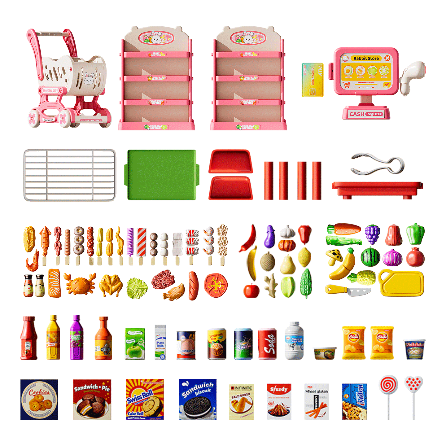 Dimoarch Supermarket Shopping Cart Toy Kids Pretend Play Fun Push Cart Deluxe Set Pink Birthday Gift