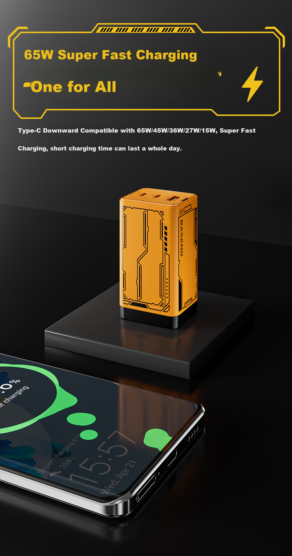 Beimo [3C Certified] 65W Gallium Nitride Charger with Three Ports, Type-C Multi-Port Fast Charging Adapter Compatible with IPhone 18, Huawei, Xiaomi Phones, IPad Tablets, And Laptops 5