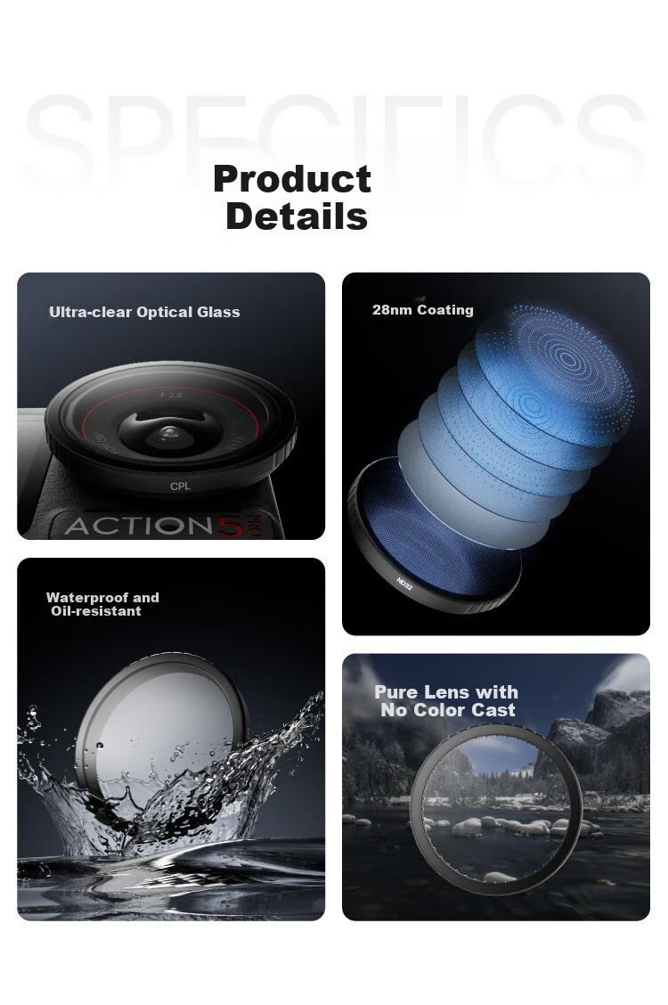 JD Original Compatible with DJI Osmo Action 4/3/5 Pro Action Camera, Four-Piece Filter Set Including CPL Polarizing Filter And ND8/16/32 Neutral Density Filters 8
