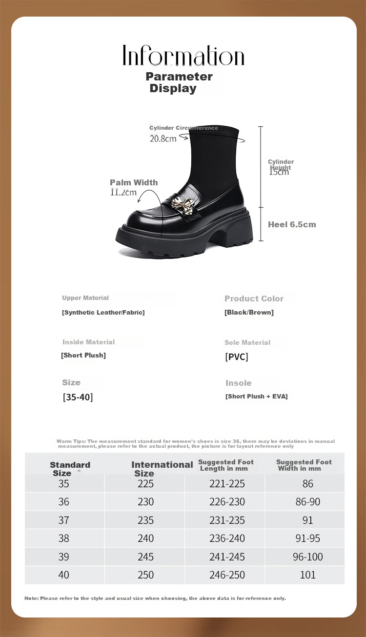 ZHR Elastic Socks And Boots for Women, Academic Style, Fleece-Lined Chunky Heel Loafers, Height-Increasing Short Boots for Women, AH579A, Black, Size 35 6
