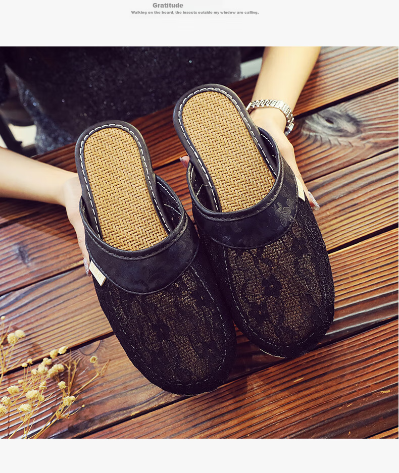 Hengyuanxiang Hollow Lace Linen Slippers for Women, Summer Office Indoor Home Use Breathable Closed-Toe Sandals, Beige 35-36 8