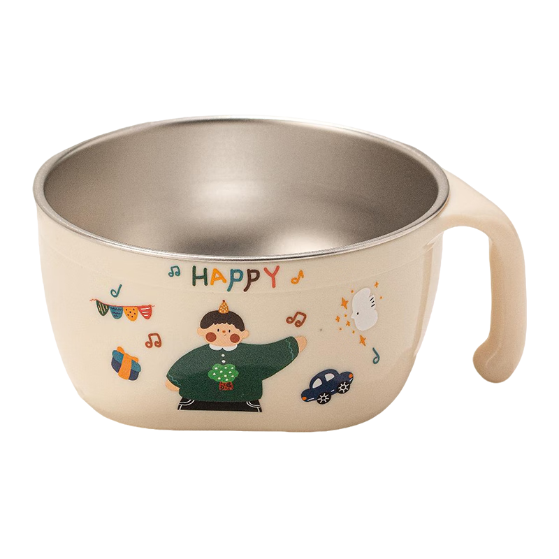 TREEJACK 316L Stainless Steel Single Handle Children's Feeding Bowl Baby Double Layer Anti-Drop and Anti-Scald Rice and Soup Bowl