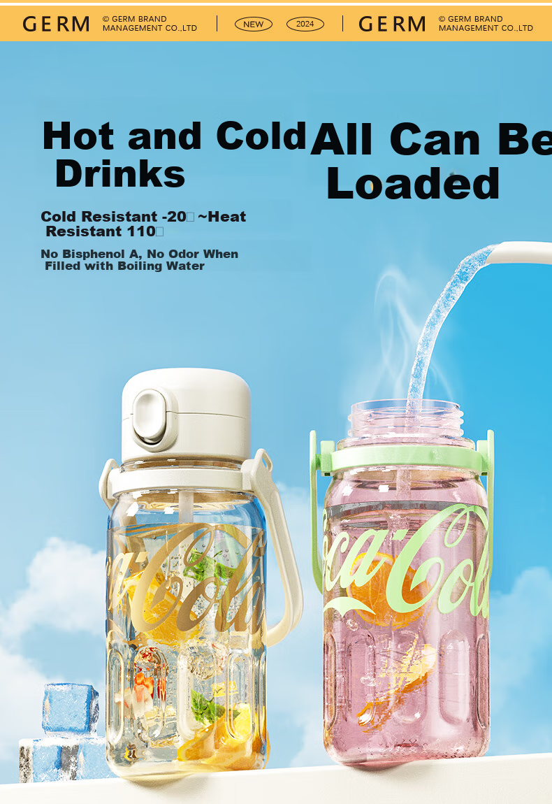 Germ Coca-Cola Summer Plastic Cup with Straw, Heat-Resistant Large Capacity Sports Water Bottle, 1250ML Lime Flavor 8