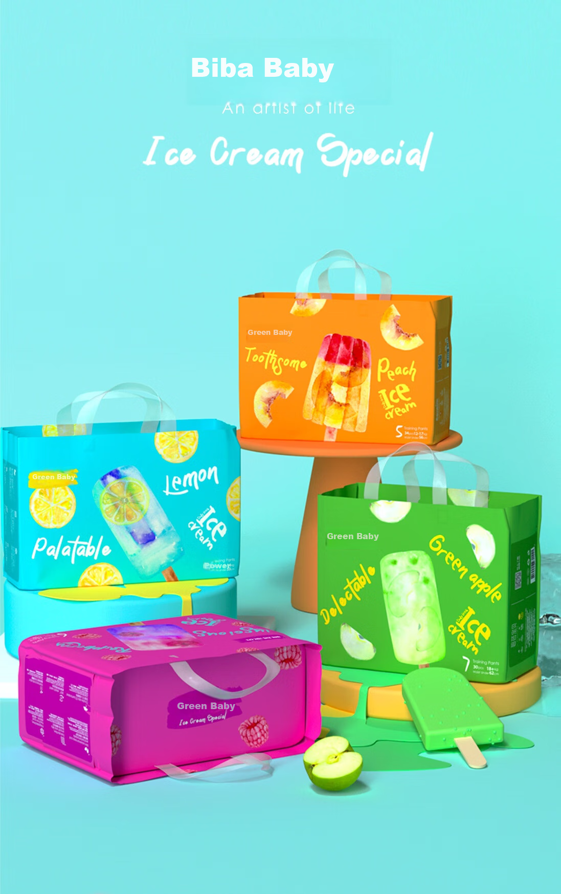 Bibabaobei Ice Cream Special Pull-Up Diapers, XXL Size, 32 Pieces (≥15kg), Ultra-Thin And Breathable, Mint Fresh 2