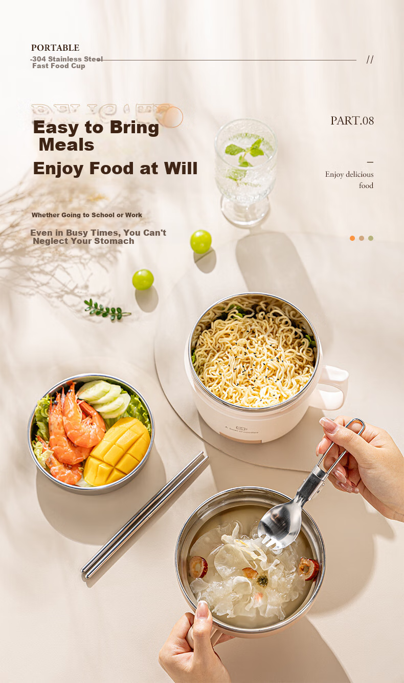 Guangyi 304 Stainless Steel Student Lunch Box, Fast Food Cup with Lid, Three-Layer Noodle Bowl, Comes with Spoon And Chopsticks, Green GY7353 10