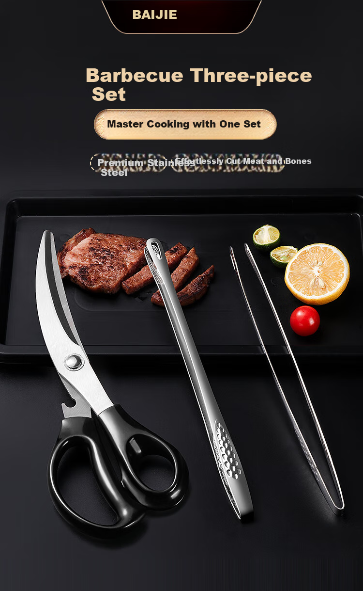 BJ Stainless Steel Barbecue Tongs Set of Three, Steak And Meat Tongs, Kitchen Utensils, Barbecue Scissors, Food Clamps Set 1