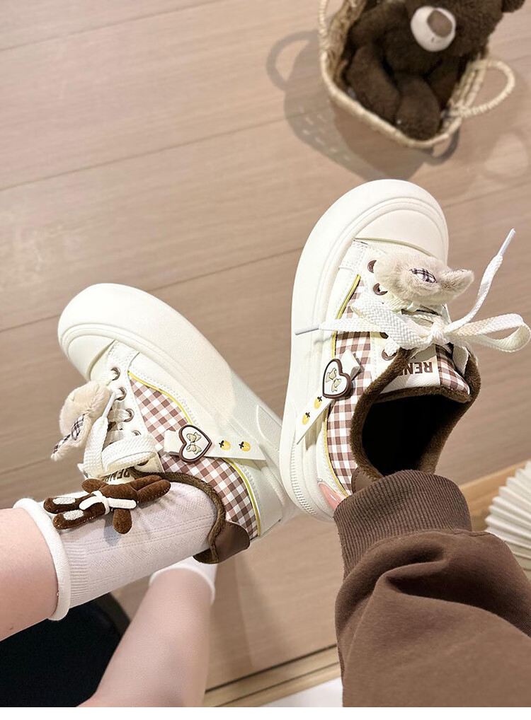 Renben Fleece-Lined Women's Cartoon White Shoes Winter New Cotton Shoes Thick Sole Casual Shoes Khaki Cotton Shoes Size 39 6