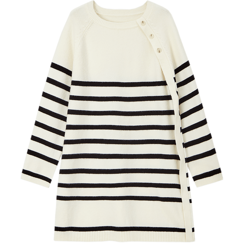 Demana Minimalist Spring Autumn Crew Neck Striped Velvet Yarn Straight Asymmetric Button Mid-Length Dress for Women